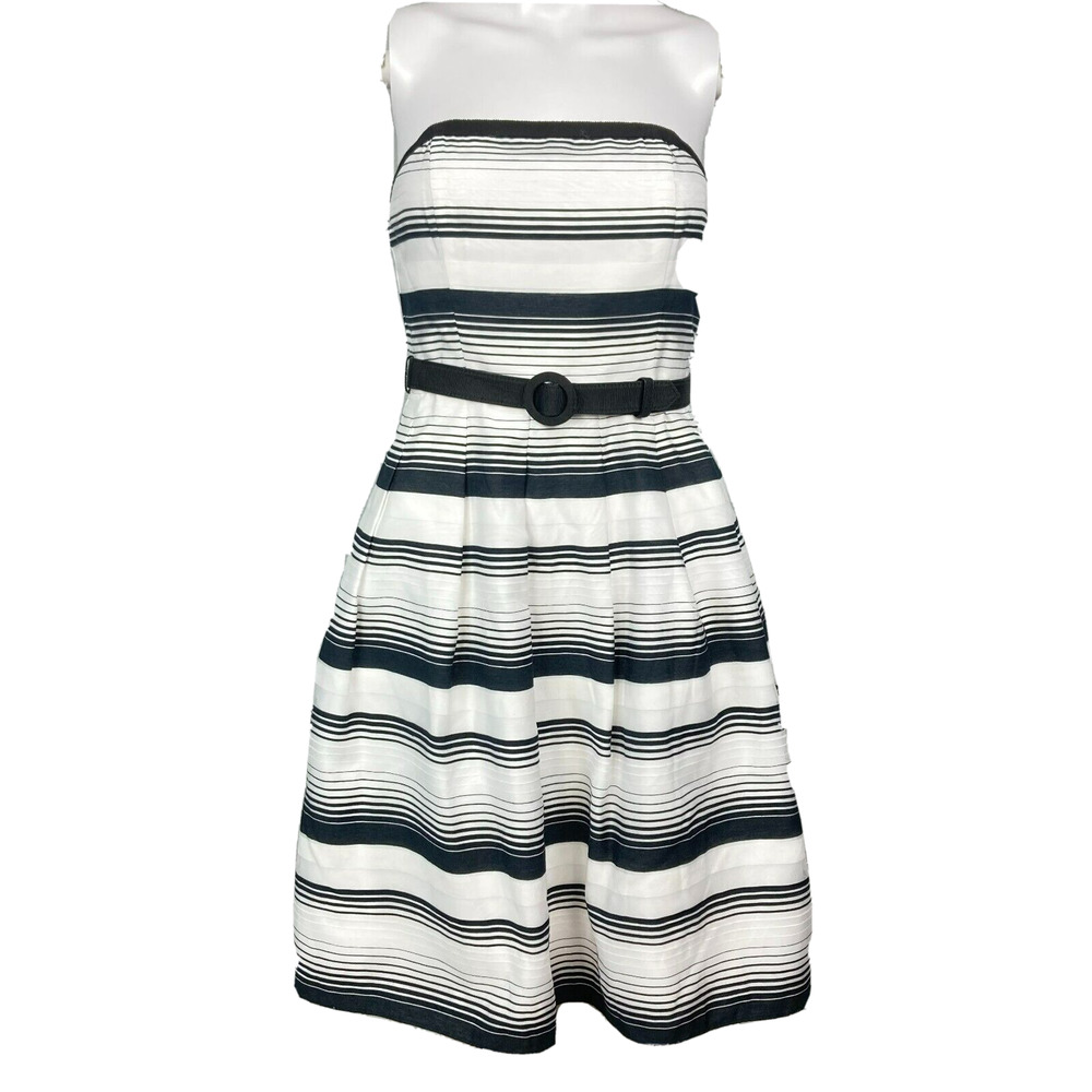 White House Black Market Dress Womens Sz 00 Striped Strapless A Line Belted